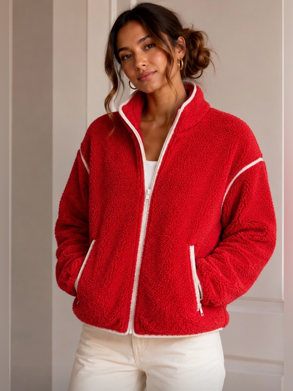 saltwater LUXE Red Sherpa Zip Jacket with White Trim
